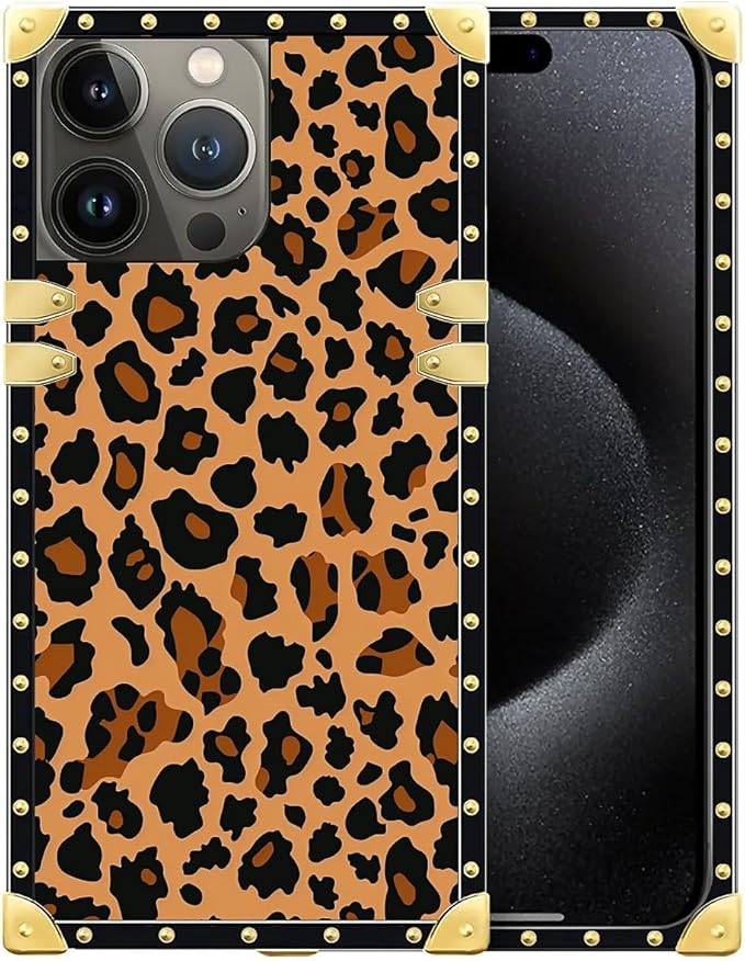 Compatible with iPhone 16 Pro Max Case, Brown Leopard Texture Luxury Golden Decoration for Girl Women Soft TPU Shockproof Protective Hard PC Back