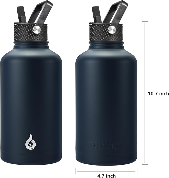 BJPKPK Half Gallon Insulated Water Bottles with Straw Lid, 64oz Large Water Jug, Stainless Steel Bottles with 3 Lids and Paracord Handle, Thermo for Hot & Cold Liquid, Navy Blue
