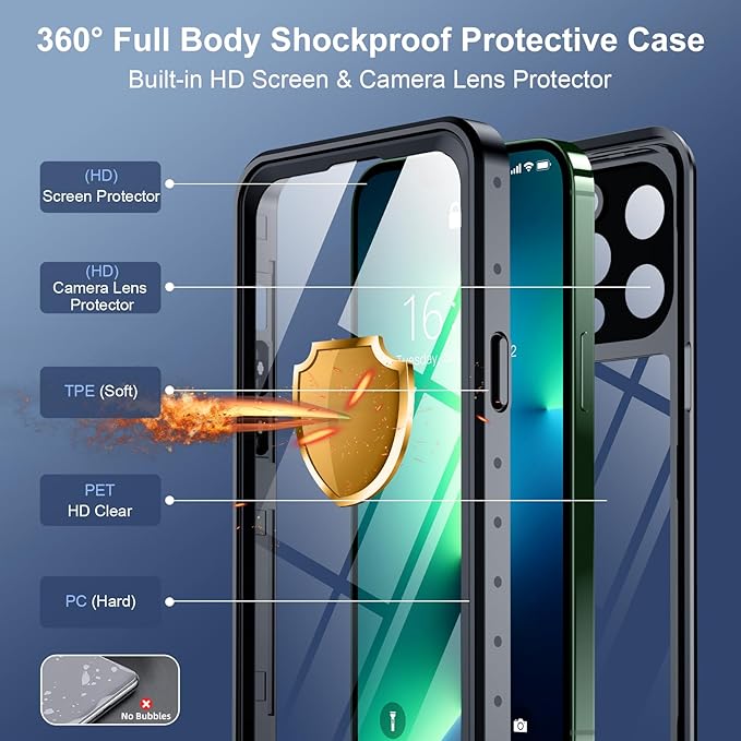 SPIDERCASE for iPhone 13 Pro Case Waterproof, Built-in Lens & Screen Protector, Full Heavy Duty Protection, 12FT Military Shockproof, Dustproof, Anti-Scratched Phone Case,Black/Clear