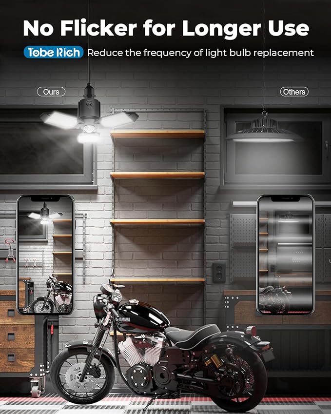 toberich Motion Sensor Garage Lights 2 Pack, 8000LM Motion Sensor Shop Light w/ 3 Switch Modes, 6500K Indoor Motion Activated Light Bulb for Garage, Workshop, Laundry Room, Basement