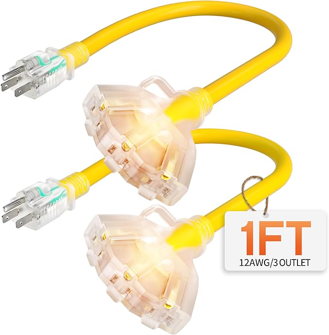 1 ft 12 Gauge Heavy Duty 3 Outlet Extension Cord Splitter with Indicator, Waterproof Outdoor Extension Cord with Multiple Outlets, 15A 1875W for Workshop, ETL Listed, Yellow SJTW, 2 Pack