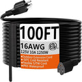 HUANCHAIN 100 FT 16 Gauge Black Indoor Outdoor Extension Cord Waterproof, Flexible Cold Weather 3 Prong Electric Cord Outside, 10A 1250W 125V 16AWG SJTW, ETL Listed