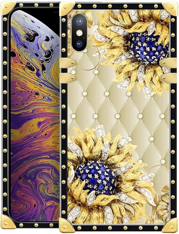 Compatible with iPhone Xs Max Case, Sunflower Diamonds Leather Luxury Golden Decoration for Girl Women Soft TPU Shockproof Protective Hard PC Back for iPhone Xs Max