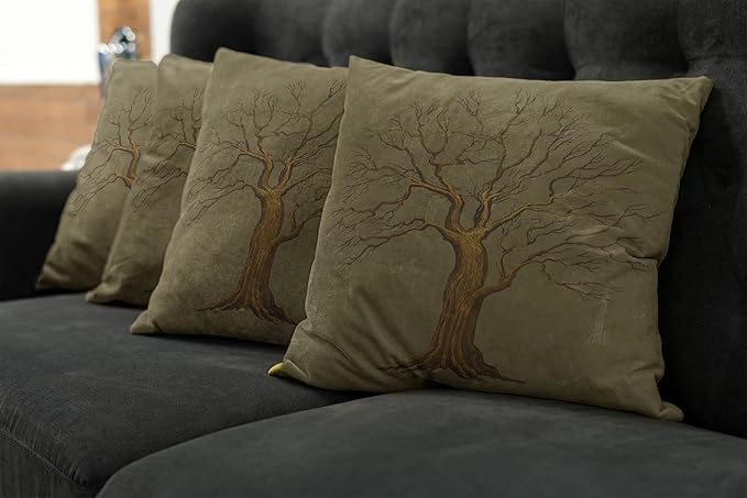 Ambesonne Tree Throw Pillow Cushion Case Pack of 4, Illustration of a Big Tree on Antique Old Paper Vintage Style Artwork Design Print, Modern Accent Double-Sided Digital Printing, 18", Pale Green