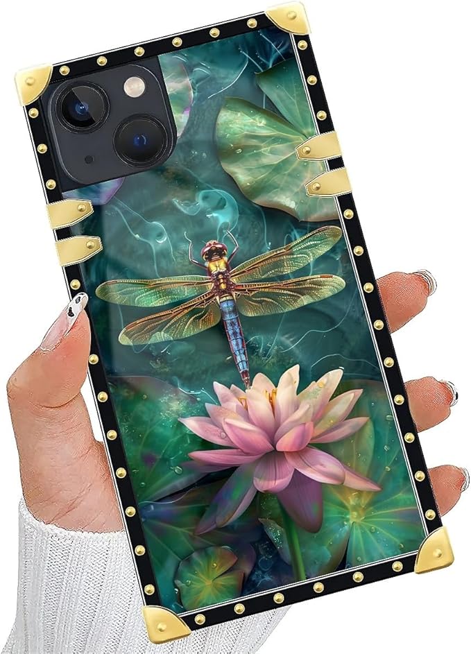 Compatible with iPhone 13 Case, Colourful Dragonfly Pink Lily Pads Luxury Golden Decoration for Girl Women Soft TPU Shockproof Protective Hard PC Back for iPhone 13