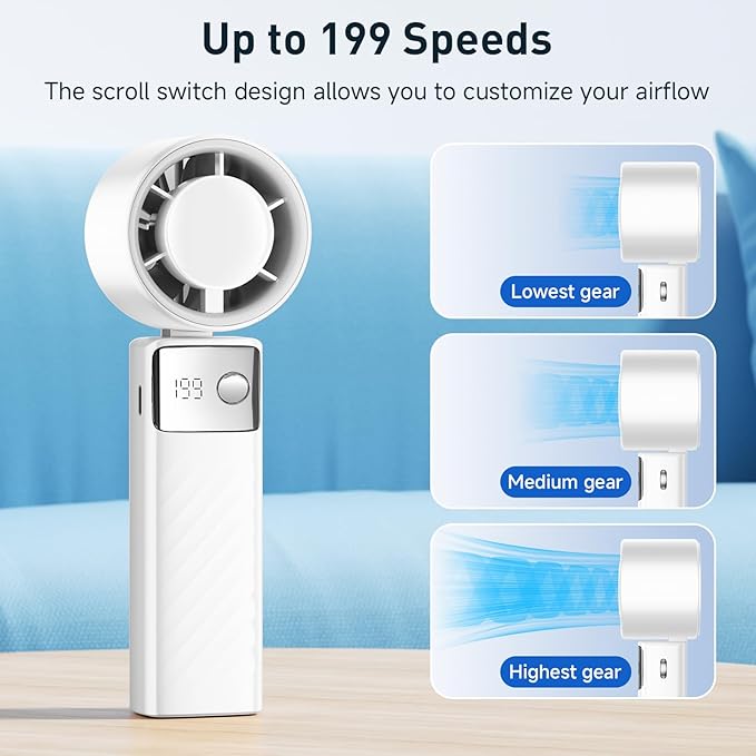 YOSHENMO Portable Handheld Turbo Fan - Foldable Mini Fan with Air Turbo Tech, 1-199 Speed Adjustment, 20H Runtime, LED Display, Battery-Powered for Indoor/Outdoor Use Light White