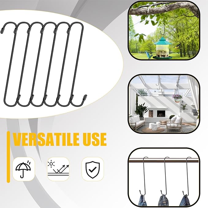 Dpyrrhic 6 Pack 10 Inch Large S Hooks for Hanging Plants,Black Extra Matel Heavy Duty Hook for Hang Brsket,Bird House,Clothes,Kitchenware