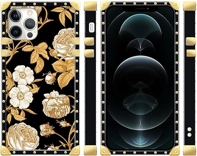 Compatible with iPhone 12 12 Pro Case, Blooming Rose Golden Flower Luxury Golden Decoration for Girl Women Soft TPU Shockproof Protective Hard PC Back for iPhone 12 12 Pro