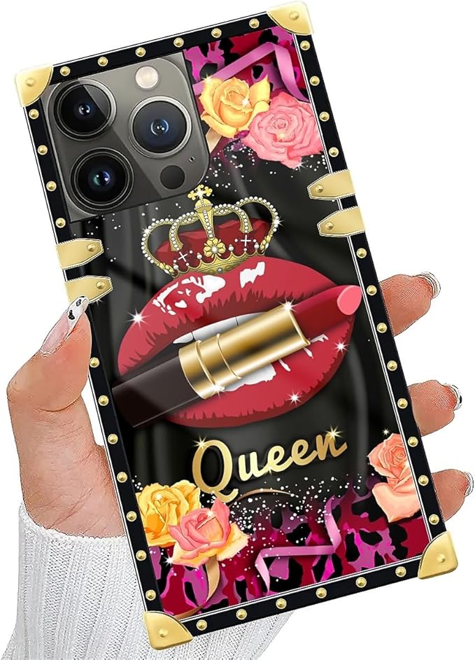 Compatible with iPhone 15 Pro Max Case, Queen Lip Crown Leopard Print Luxury Golden Decoration for Girl Women Soft TPU Shockproof Protective Hard PC Back for iPhone 15 Pro Max
