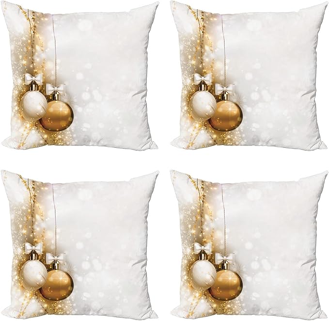 Ambesonne Christmas Throw Pillow Cushion Case Pack of 4, Featured Xmas Baubles with Ribbon Holiday Wish Art Image Illustration, Modern Accent Double-Sided Digital Printing, 16", White and Beige