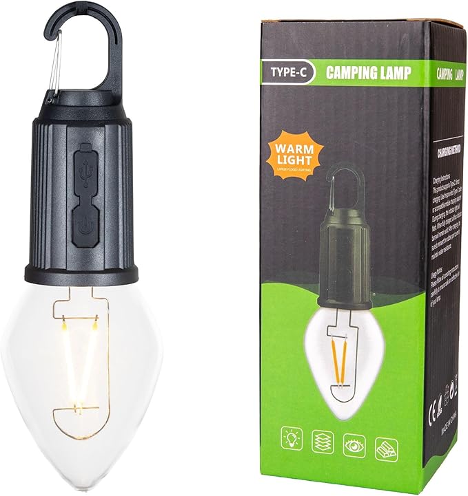 2-Pack Rechargeable Camp Light, Warm White LED Teardrop Bulb, Battery Powered with USB-C, Shatterproof Globe on Carabiner, 3 Brightness Levels
