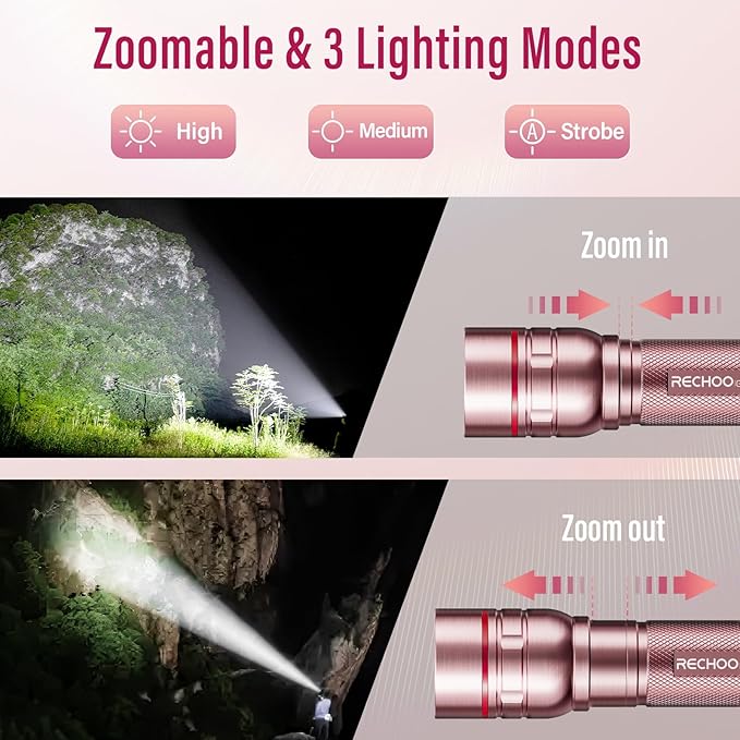 Rechargeable Flashlights High Lumens, G1000 Super Bright Flash Light 2 Pack, Small Zoomable LED Flashlight with 3 Lighting Modes, Portable Flashlights for Camping Essentials, Gift for Women (Pink)