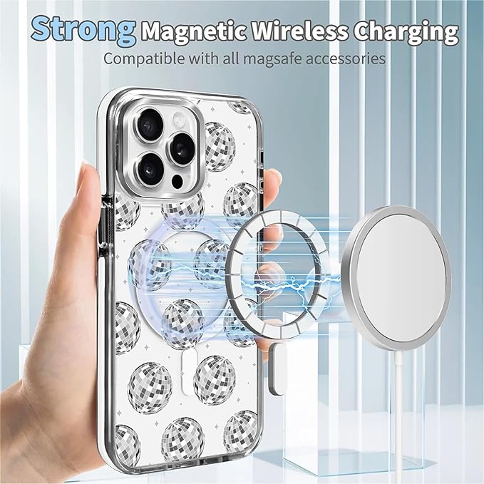Case for iPhone 13 Pro Max,[Compatible with MagSafe],Disco Ball Grayish White Phone Case Design，for Women Girls Magnetic Clear Cover - Slim, Sleek, & Shockproof Protection