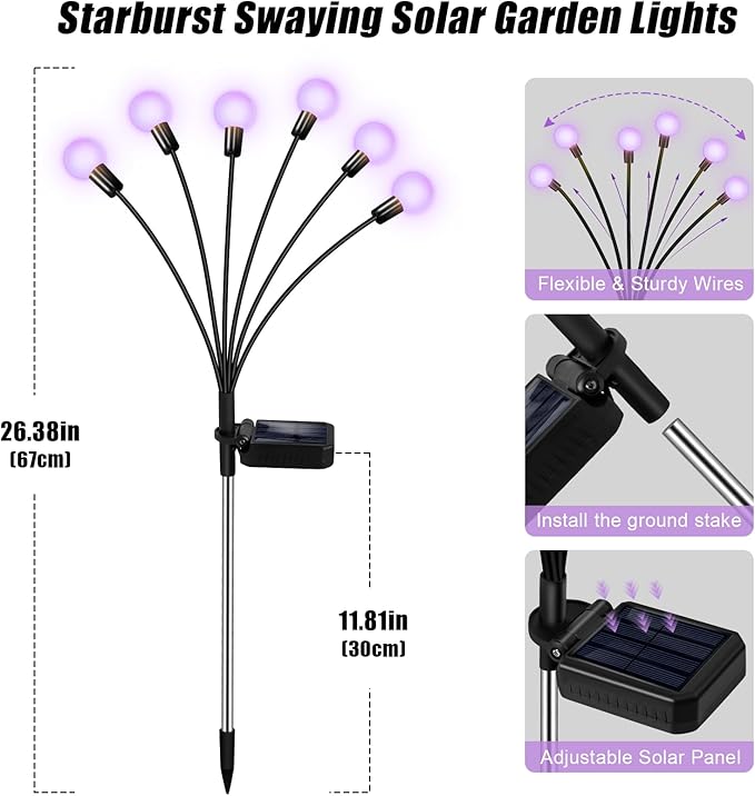 ZFNN Solar Garden Lights Outdoor, 4 Pack Firefly Swaying Lights Purple, Waterproof 4 Pack 24 Heads Garden Decor for Yard Patio Pathway Lawn, Gardening Gifts for Women Christmas Decoration