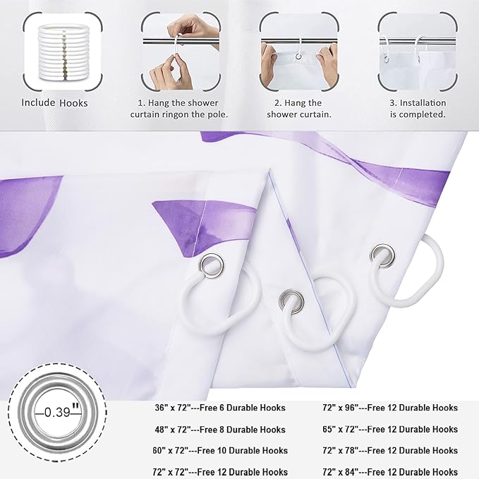 Purple Bow Shower Curtain, Purple and White Modern Aesthetic Bowknot with Polka Dot Cute Girly Bathroom Curtain Waterproof Fabric Machine Washable with Hooks, 60" Wx72 L