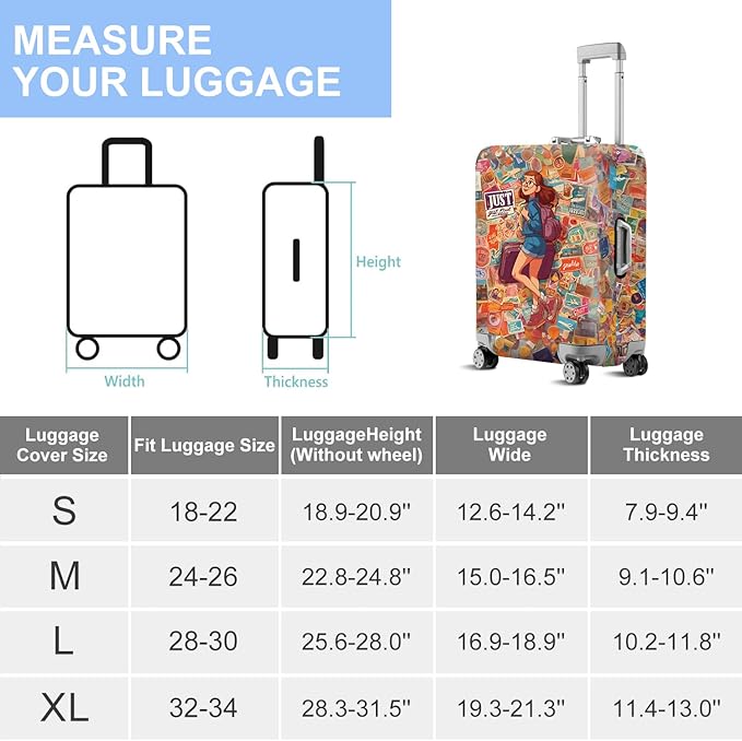 ANNA QUEEN Vintage Travel Stickers Gir Luggage Cover -Stretchable Airplane Suitcase Protector Sleeve,Universal Washable Fit for 20-22 Inch Checked Baggage,Water Resistant Durable Luggage Protector