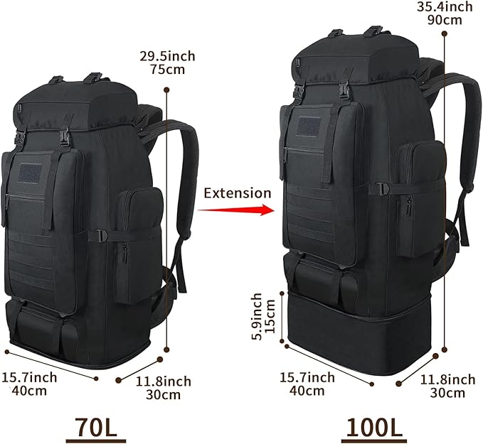 Hiking Backpack, 100L Large Camping Backpack, Expandable Waterproof MOLLE Rucksack, Outdoor Sport Travel Daypack Military Tactical Back pack for Men Women (Black)