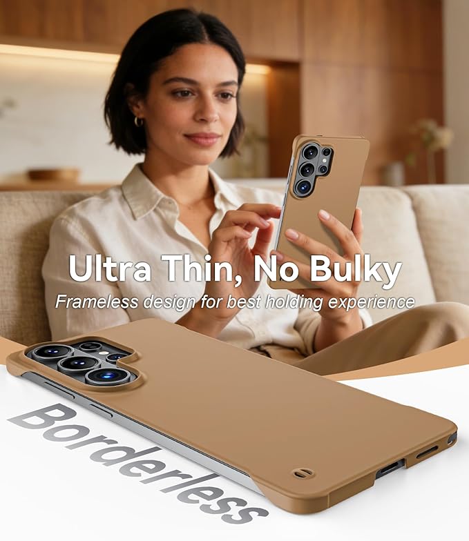 GRECAZO Slim Borderless for Samsung Galaxy S26 Ultra Phone Case 6.9"(2026) Ultra-Thin Lightweight Frameless Matte Hard PC Cover Case with Pull Ring Minimalist Non Slip Rope-Mocha