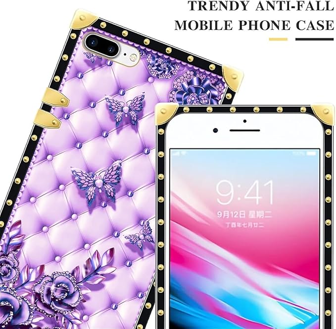 Compatible with iPhone 8 7 SE Case, Purple Butterfly Flowers Leaf Luxury Golden Decoration for Girl Women Soft TPU Shockproof Protective Hard PC Back for iPhone 8 7 SE