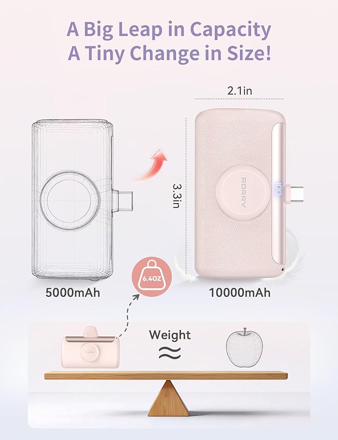 RORRY PalmGo Portable Charger, 10000mAh PD 22.5W Fast Charging Mini Power Bank with Built-in USB C Connector, 3-in-1 Battery Pack for iPhone 17/16/15 Pro/Max, Apple Watch Ultra/11/10/SE, iPad, Black