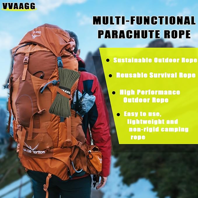 VVAAGG 1000 Paracord Rope, 50ft 12 Strand Parachute Cord for Crafting, DIY Projects, Bracelets, Camping, Tent, Clothsline, Outdoor Hiking, Fishing (Army Green, 50FT)