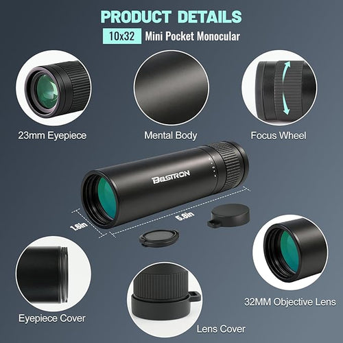 10x32 HD Monocular Telescope for Adults High Powered, Metal Cover Waterproof Fogproof Prism FMC Coated Optic Mini Monocular Poctable Handheld Telescope with Phone Adapter for Concert,Matches,Hiking