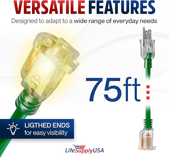 75ft Outdoor/Indoor Extension Cord 10/3 Gauge Ultra Heavy Duty 3 Prong SJTW, Waterproof, Flexible Cold-Resistant Long Power Cord,15A 125V 1875W, Green by LifeSupplyUSA