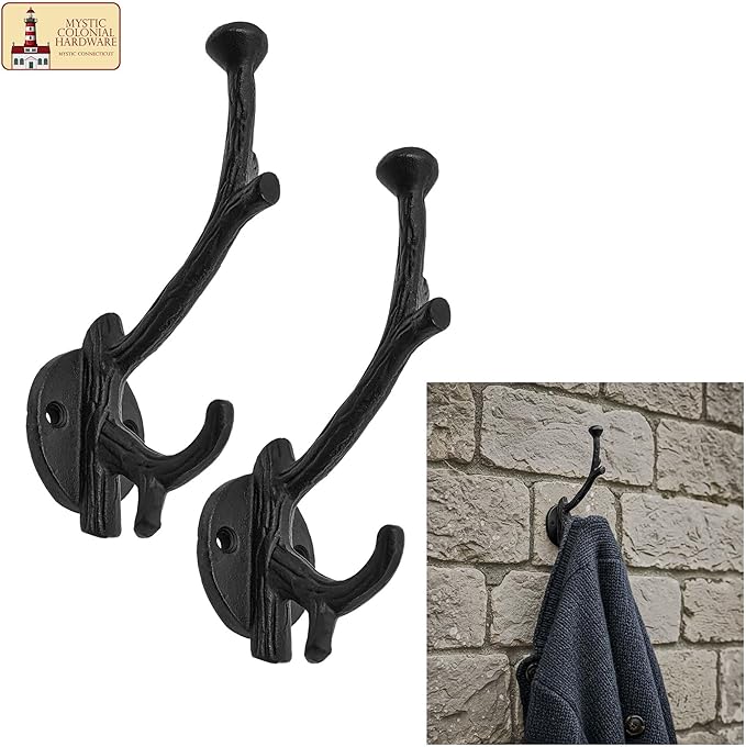Mystic Colonial Rustic Cast Iron Wall Hooks, Heavy Duty Retro Utility Hooks for Hanging Coat, Bag, Towel, Robe, Hat and More, Pack of 2, Black