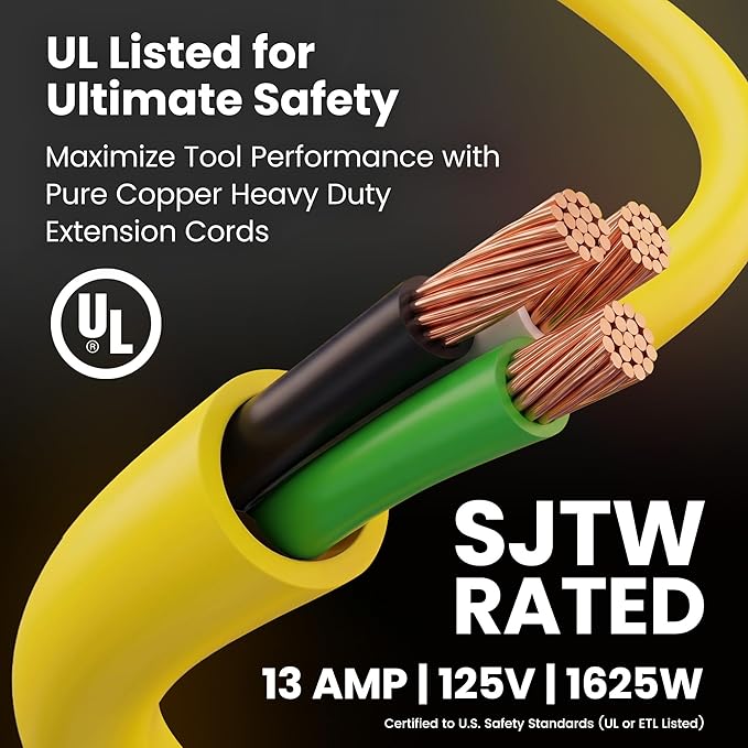 GEARit 100 Ft Extension Cords 14/3 Gauge Outdoor/Indoor SJTW 14 AWG 3 Prong Heavy Duty Power Cable 13A 125V 1625W for Lawn, Garden, Appliances Yellow