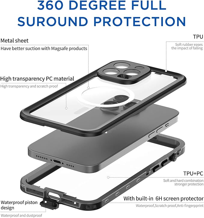 AICase for iPhone 14 Pro Case Waterproof, Compatible with Magsafe Magnetic Protective iPhone 14 Pro Phone Case, Water Proof Mag Safe Magnet Shockproof Full Body Clear with Screen Protector