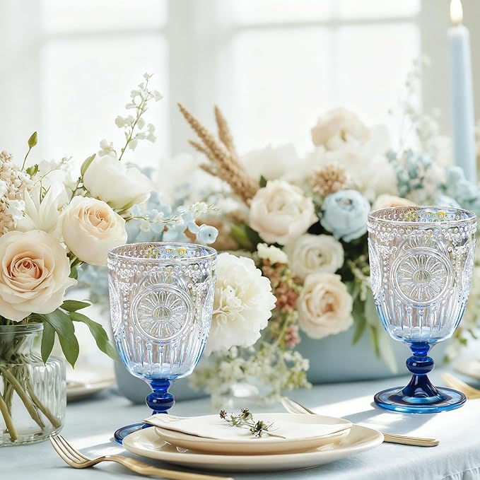XUWAIDSGN 6Pcs Plastic Vintage Wine Glasses 13.5oz Reusable Embossed Goblet Glasses Blue Gradient Retro Wine Glassware Unbreakable Stemmed Champagne Water Cups for Wine Cocktail Juice Wedding