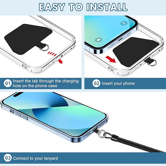 takyu Phone Tether, 2PCS Phone Lanyard Tether with 4*Patch and 1*Carabiner for Outdoor Hiking Cycling Climbing Skiing Compatible for iPhone Samsung Pixel Most Smartphones(Black+Clear)