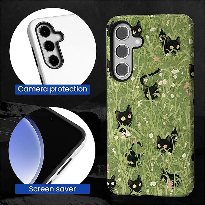 for Samsung Galaxy S24 FE Case,HL2 Grass Cat Hybrid 2 Layer Hard Shell Silicone Protective Pattern Design Case