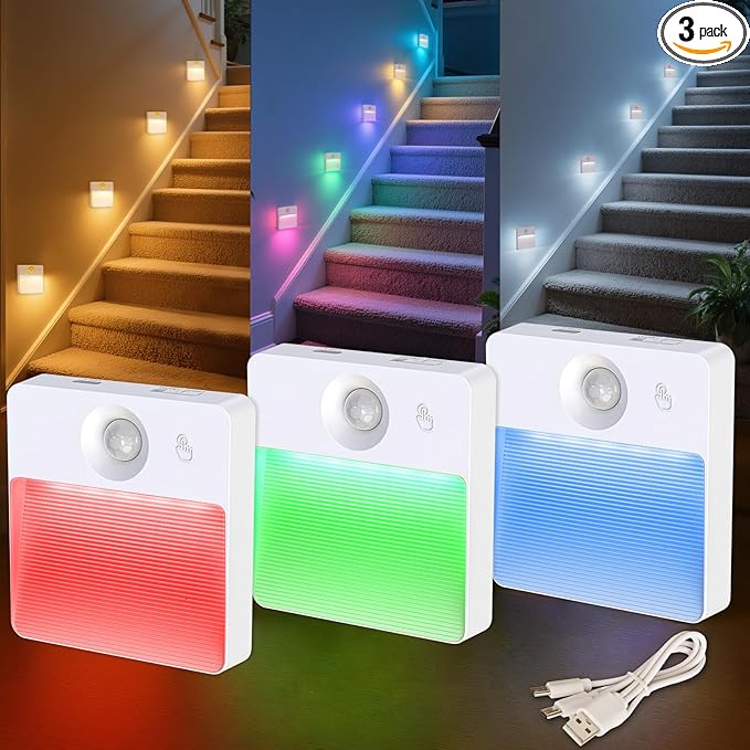 Guankai 3 Pack Motion Sensor Stair Light for Indoor, Rechargeable Battery Operated Closet Lights, RGBW Stick On Night Lamp, Motion Activated Magnetic Lighting Lamps for Step, Cabinet,Hallway,Bathroom