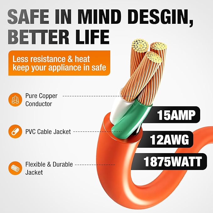 Outdoor Extension Cord 10 FT Waterproof, 12/3 Gauge Heavy Duty 3 Prong Power Cord with Lighted Indicator End, 15A 125V 1875W SJTW, ETL Listed, Great for Lawn/Garden/Home(Orange)