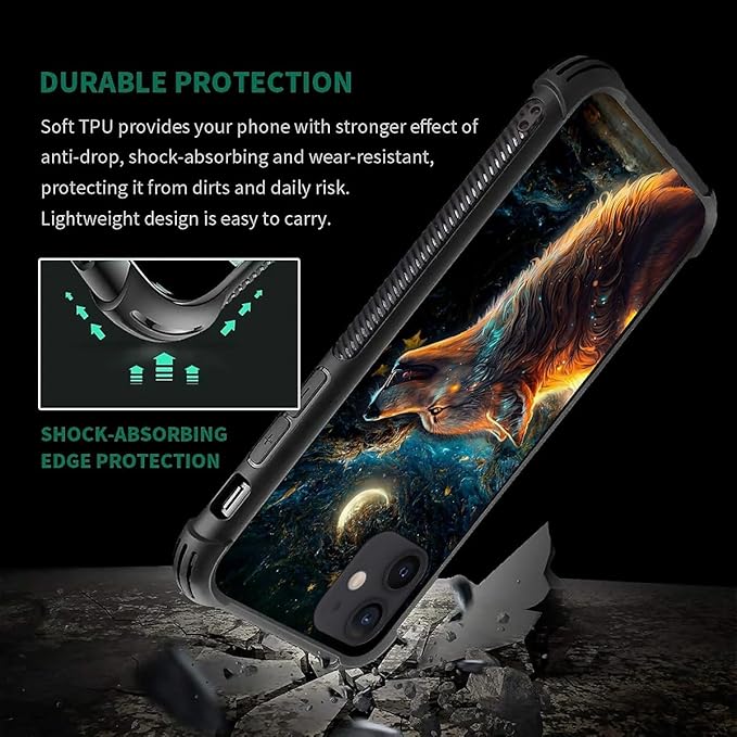 for iPhone 12/12 Pro Case, Star Cave Hungry Wolf Pattern Graphic Design Girl Boy Soft Silicone Hard Acrylic Shock Protection for iPhone 12/12 Pro