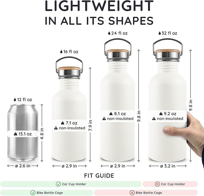 Bambaw 500 ml Stainless Steel Water Bottle, White Water Bottle, Non-Insulated Sports Stainless Steel Children's Bottle, Reusable – Polar White