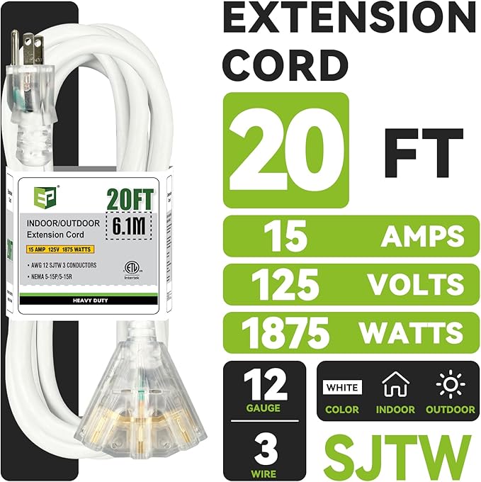 EP 20FT 12 Gauge Heavy Duty Extension Cord, 15A 125V 1875W, 3 Outlet Indoor/Outdoor Power Cord with Lighted End, 12/3 SJTW Weatherproof White, ETL Listed