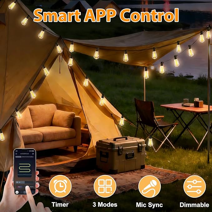 LumBelle Smart Outdoor String Lights, 200FT ST38 LED Patio Lights with Timer Remote APP Control, 84 Shatterproof LED Bulbs (4 Spare), Dimmable Waterproof Hanging Light for Backyard Porch Party Decor