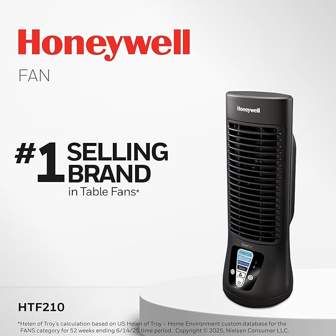Honeywell QuietSet Personal Table Fan, Oscillating Personal Desk Fan with Quiet Operation, 4 Levels of Power and Sound, Black, HTF210B