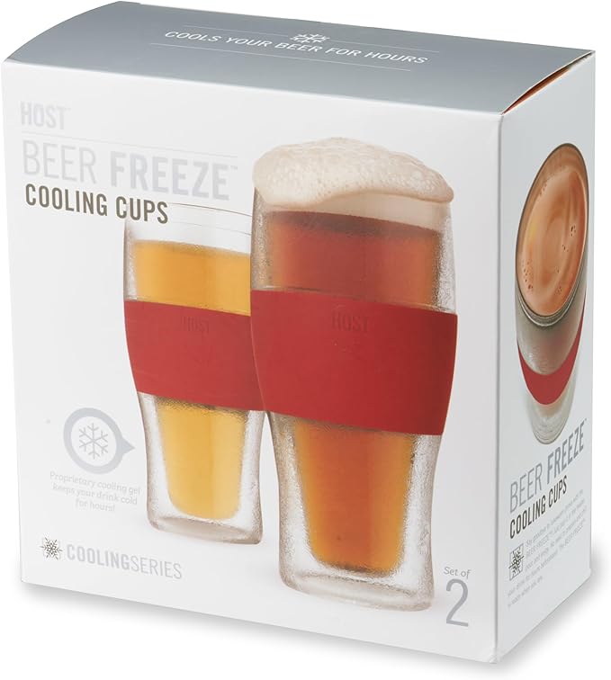 Host FREEZE Beer Glasses, Frozen Brew Mugs, Freezable Pint Glass Set, Insulated Beer Glass to Keep Your Drinks Cold, Double Walled Insulated Glasses, Gift for Dad, 16oz, Set of 2, Crimson Red