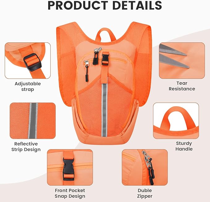 Small Hiking Backpack 15L- Lightweight Packable Foldable Backpack for Travel Camping Outdoor Commute, Compact Rucksack for Women Men(Orange)