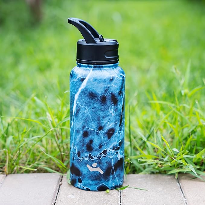 Konokyo 22oz Stainless Steel Bottles with 3 Lids Sport Insulated Water Bottle,Marble Ocean