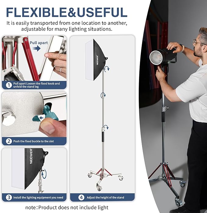 Kate Heavy Duty 10.8ft Light Stand with Casters, Adjustable Reinforced Stainless Steel Light Stand Tripod with 3 Wheels for Professional Studio Photography for Softbox, Monolight, Reflector