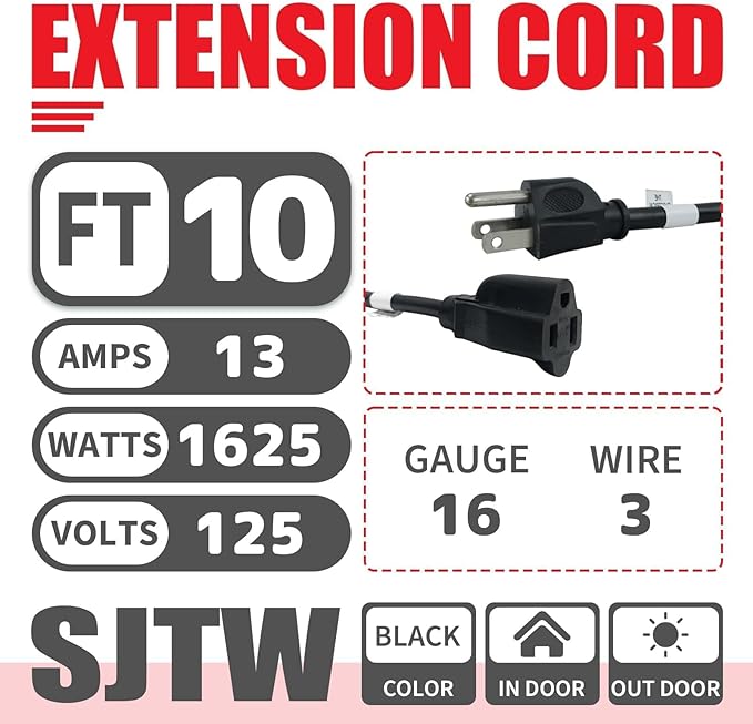 EP 10FT Black Outdoor Extension Cord, 16/3 SJTW Heavy Duty Waterproof, 3 Prong Grounded Plug, 13A 1625W 16AWG, Cold-Resistant Flexible Power Cable for Garden, Home, Christmas Lights