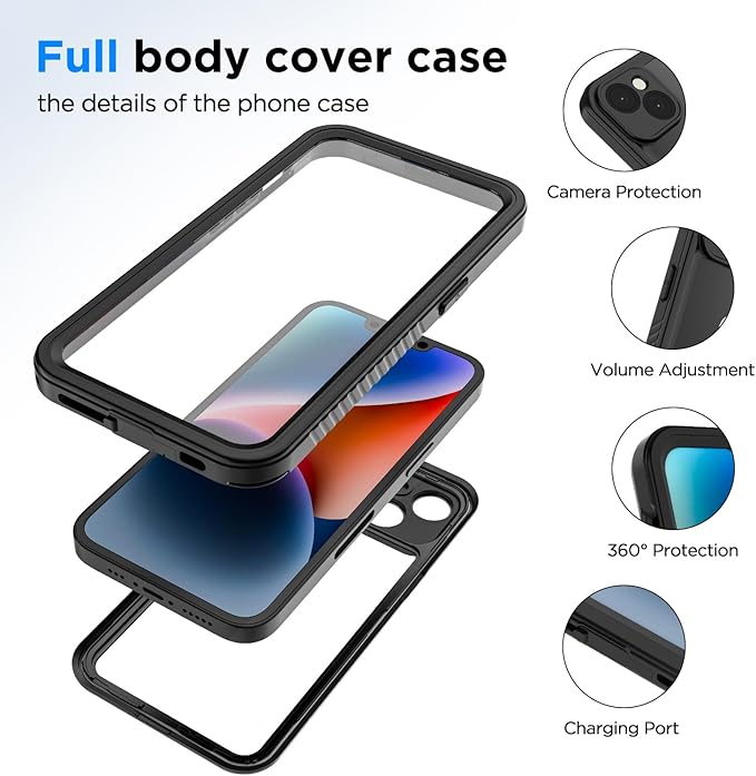 Lanenas for iPhone 14 Case, for iPhone 14 Waterproof Case with Built-in Screen Protector, Full Body Dustproof Shockproof Heavy Duty Tough Rugged Phone Protective Cover 6.1inch Black
