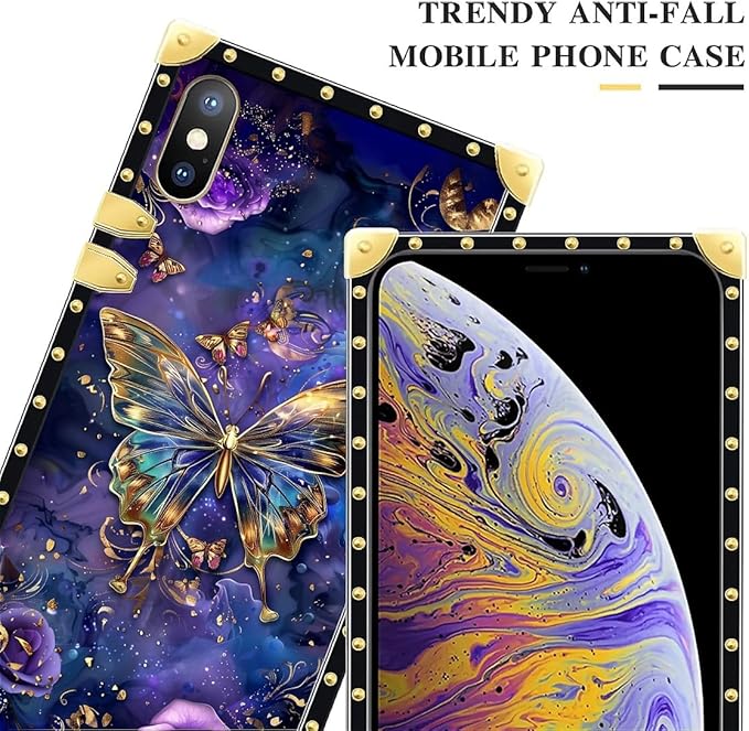 Compatible with iPhone Xs Max Case, Glistening Golden Butterfly Vibrant Purple Blue Luxury Golden Decoration for Girl Women Soft TPU Shockproof Protective Hard PC Back