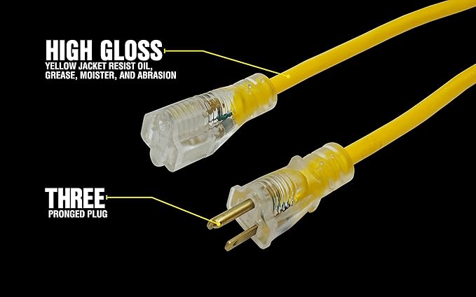 Southwire Yellow Jacket Heavy Duty Extension Cord - Reliable Outdoor Power for Tools & Equipment - Lighted End with Weather Resistant SJTW Jacket - 25 Foot