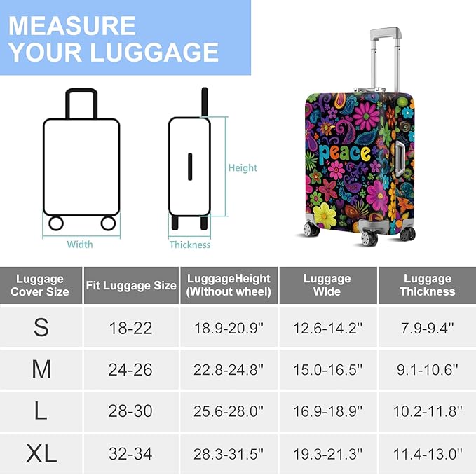 ANNA QUEEN Peace Flowers Travel Luggage Cover -Spring Stretchable Airplane Suitcase Protector Sleeve,Universal Washable Fit for 20-22 Inch Checked Baggage,Water Resistant Durable Luggage Protector