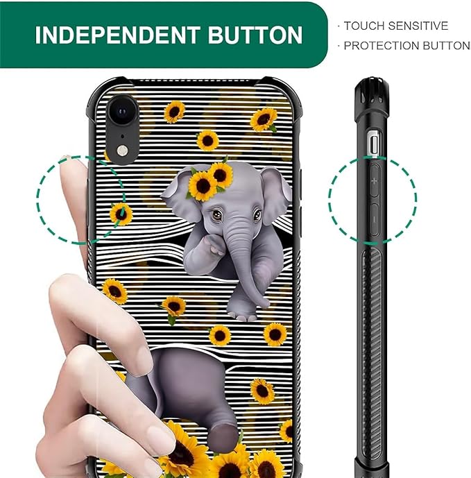 for iPhone XR Case, Cute Little Elephant Sunflower White Line Art Pattern Graphic Design Girl Boy Soft Silicone Hard Acrylic Shock Protection for iPhone XR